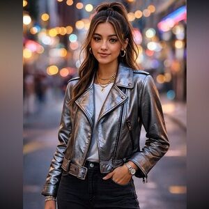 GUESS Metallic Silver Faux Leather Moto Jacket | Streetwear Glam | Size Large